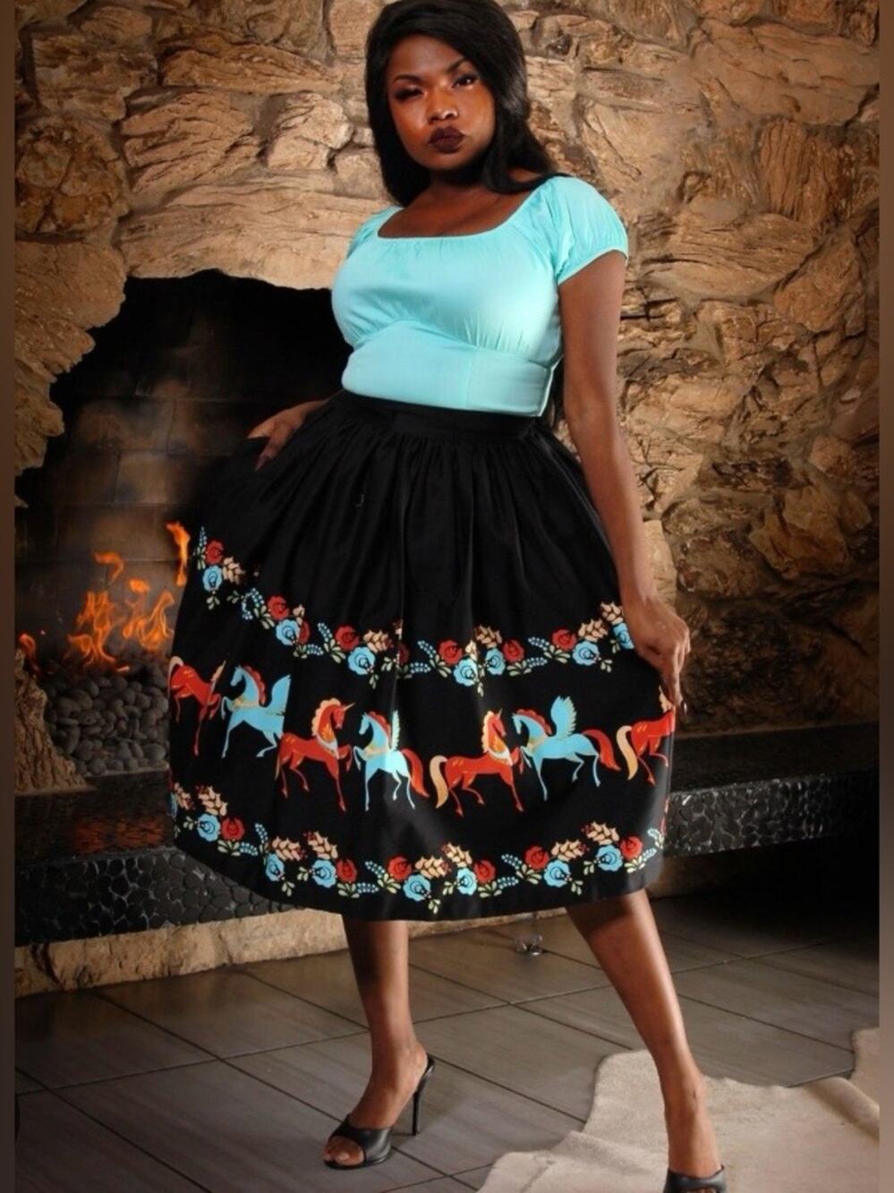 Pinup Couture Bella Black Circle Skirt with Turquoise and Red Pegasus Print 2X